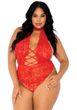 High Neck Floral Backless Teddy With Crotchless Thong Panty 1x/2x Red